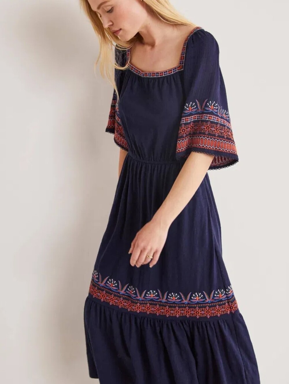 Boden Tiered Navy Midi Dress 8P Square Neck Coral Pink Blue Embroidery Pesant